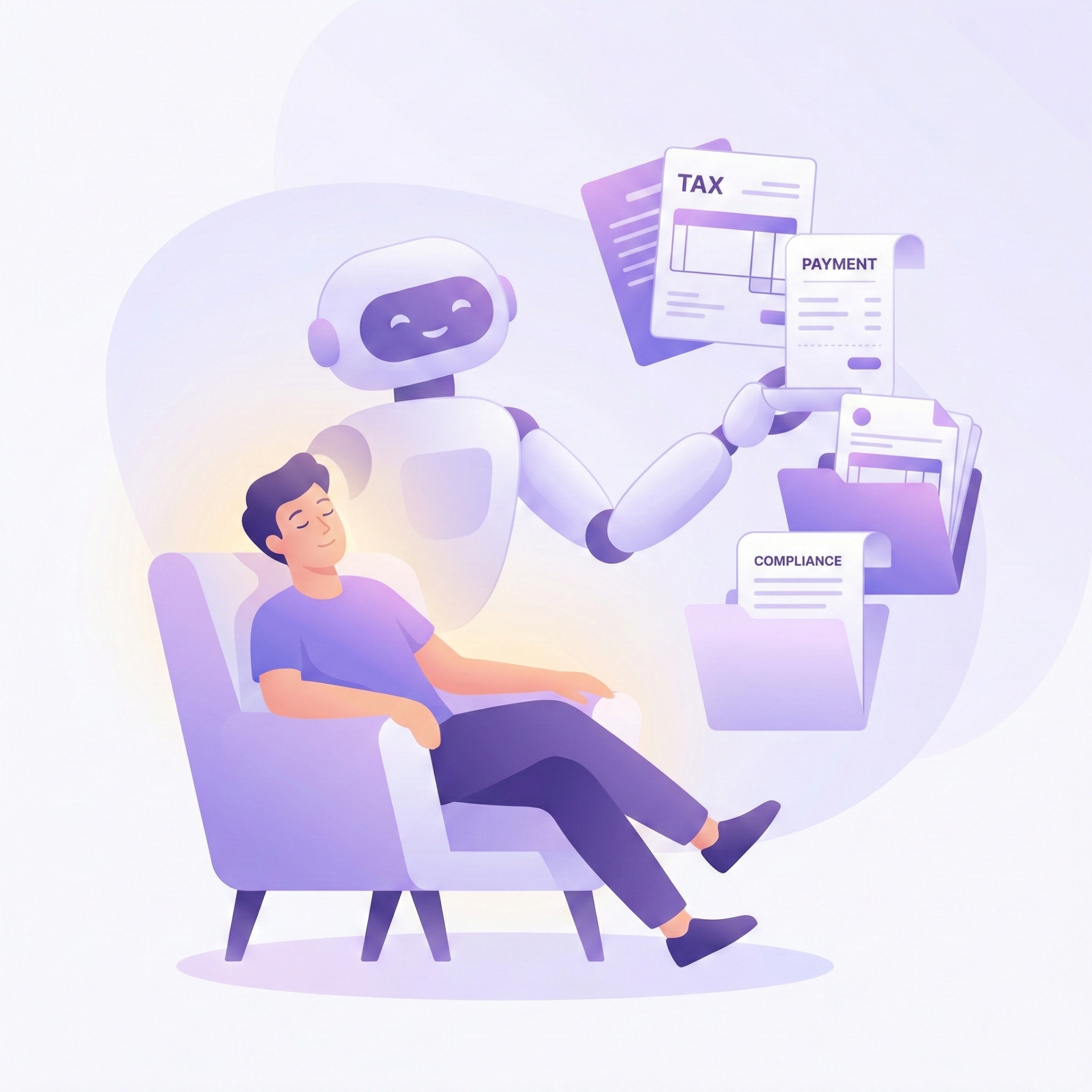Person relaxing while a robot handles tax, payment and compliance documents